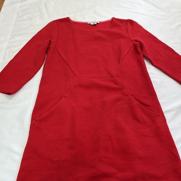Boden Women’s Small Petite Dress Red Ribbed 3/4 Sleeve Pocket A-Line Solid Mini - Picture 4 of 8